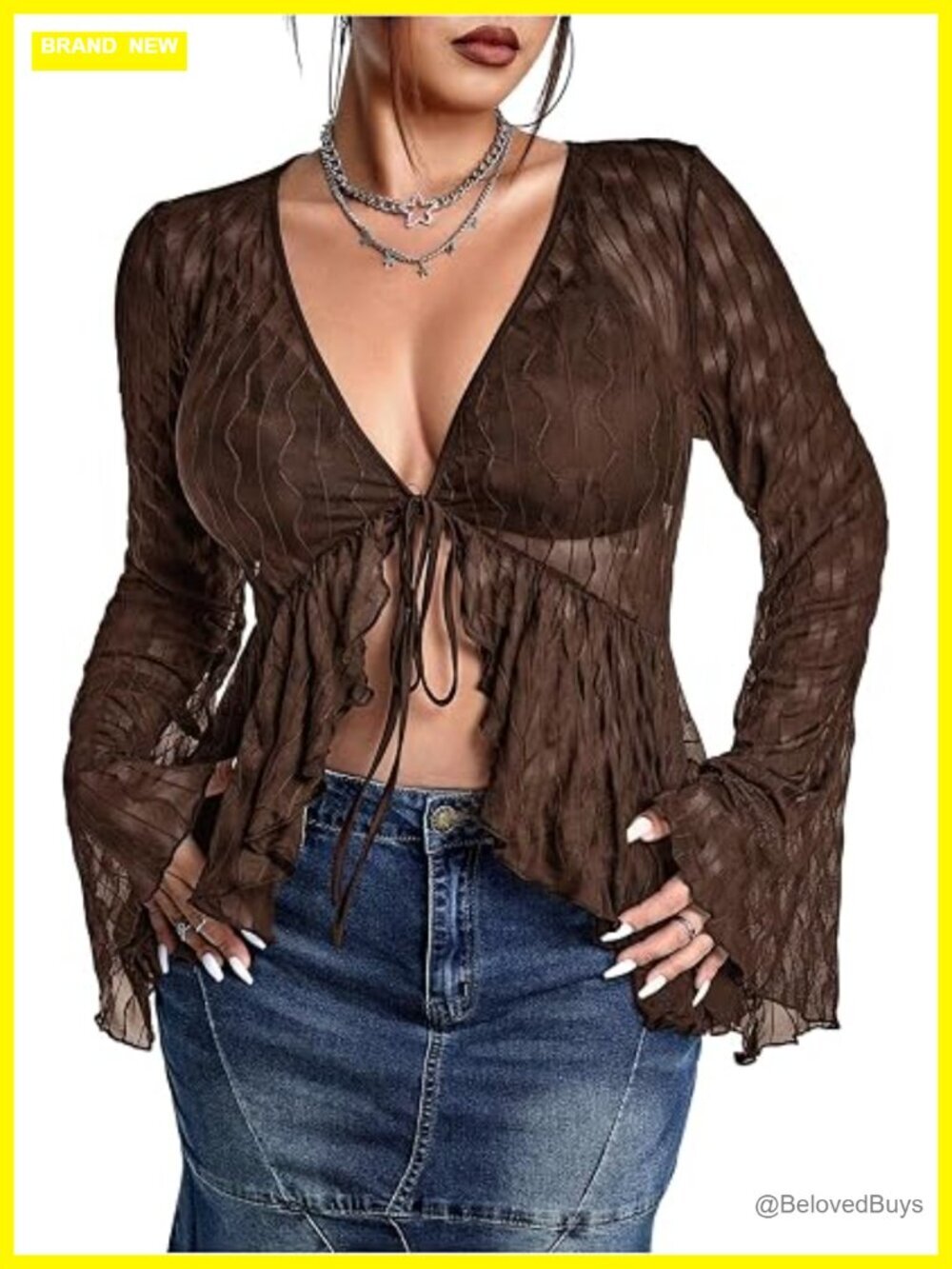 Plus Size Sheer Mesh Tee Deep V Neck Bell Long Sleeve Blouse